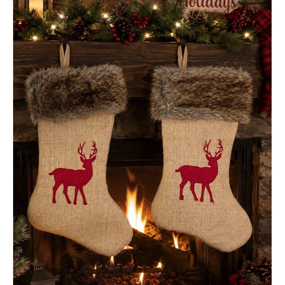 Set 2 Burlap Deer Christmas Stockings Faux Fur Rustic Lodge Cabin Decor Xmas